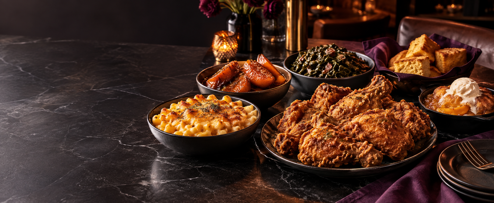 A modern table filled with fried chicken, macaroni and cheese, collard greens, candied yams, cornbread and peach cobbler